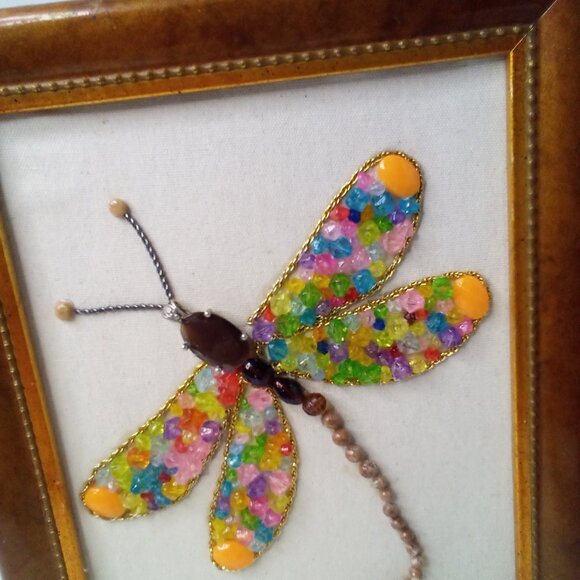 Handmade Dragonfly Beaded Artwork Stones Mixed Media Canvas Framed Decor 12 x 10 - Picture 10 of 15